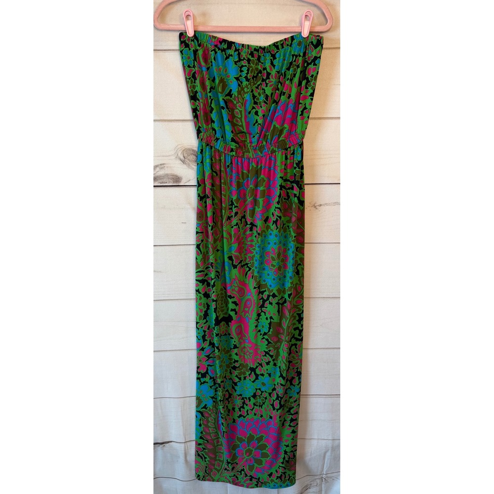 Tori Richard Honolulu Strapless Maxi Dress Psychedelic Floral Green Pink Small